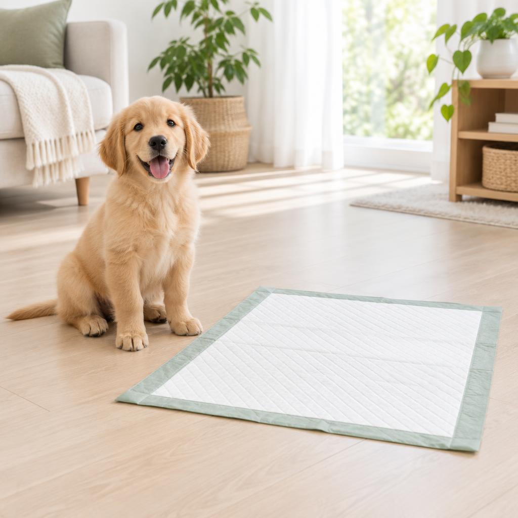 Puppy beside a quilted training pad